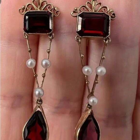💛 NEW Antique Style Elegant Gold and Amber & Pearl Dangle Earrings 💛 - Picture 4 of 5